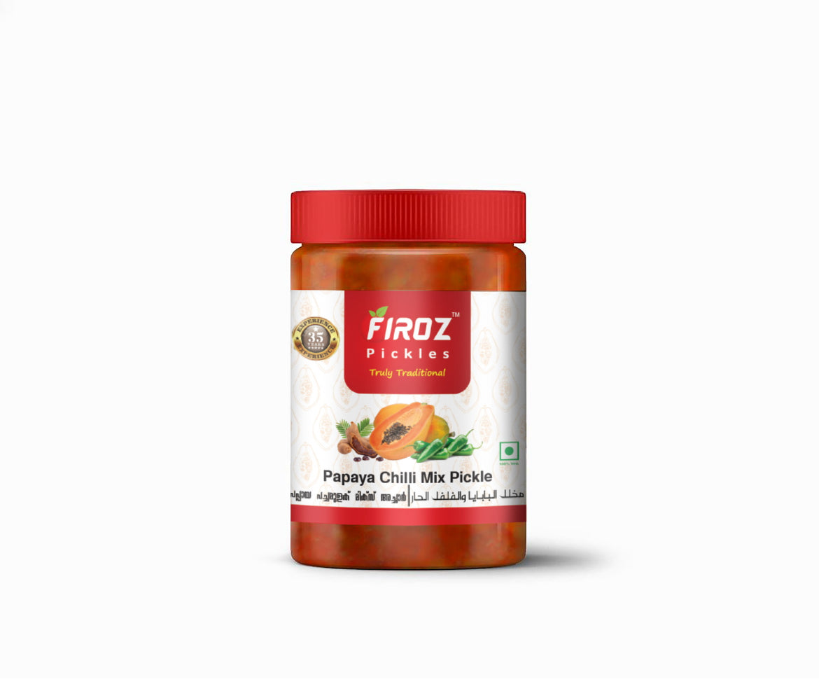 Firoz Papaya Chilli Mix Pickle in a red jar with authentic Kerala-style pickle