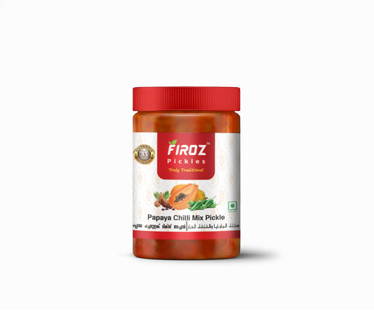 Firoz Papaya Chilli Mix Pickle in a red jar with authentic Kerala-style pickle