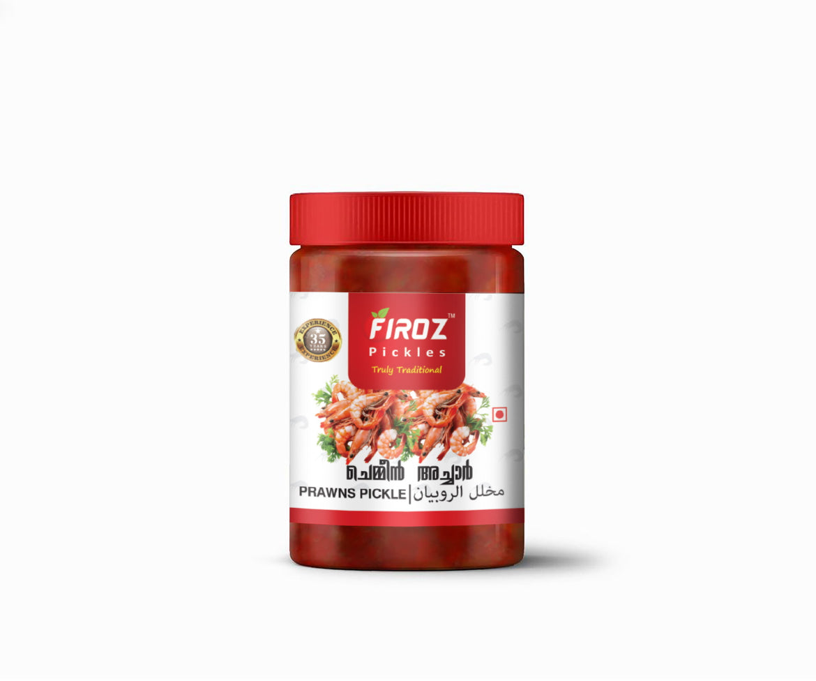 Firoz Prawns Pickle in a red jar with authentic Kerala seafood pickle